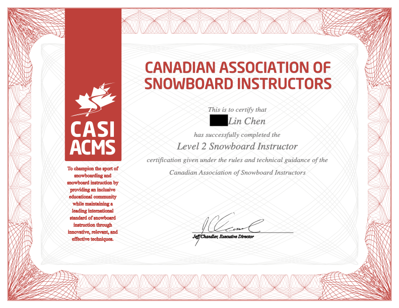 Eric CASI Level 2 Snowboard Instructor certificate